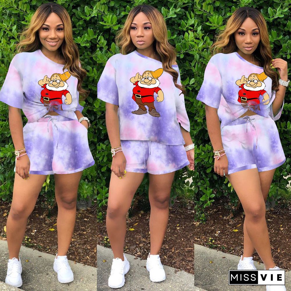 Tie Dye Cartoon Print Casual Two Piece Shorts Set