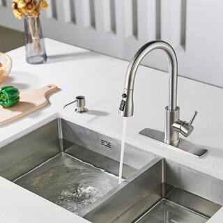 FORIOUS Single-Handle Kitchen Faucet with Pull Down Sprayer High-Arc Kitchen Sink Faucet with Deck Plate in Brushed Nickel HH0023C