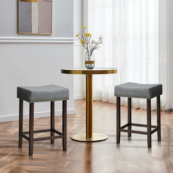 2 pcs Nailhead Saddle Bar Stools with Fabric Seat and Wood Legs-Gray - 17.5