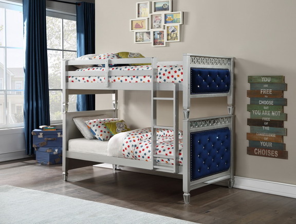 ACME Varian Twin/Twin Bunk Bed  Blue Velvet   Silv...