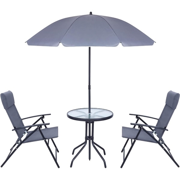 4 Piece Patio Dining Set，Garden Furniture Bistro Set with Tilted Removable Umbrella，2 Folding Chairs，Round Glass Table (Grey)