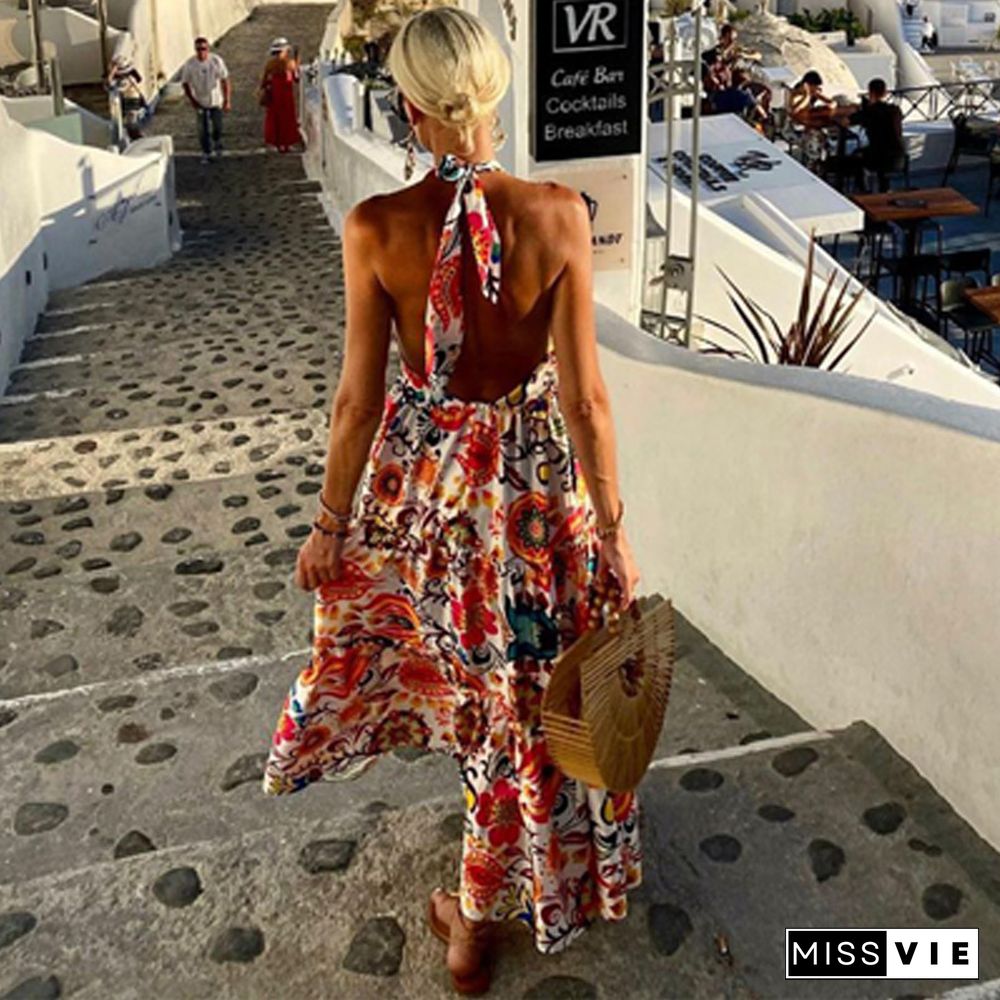 Fashion Halter Deep V Print Resort Beach Dress Vintage Floral Backless Loose Hem Party Dress Women Elegant Printed Pleated Dress