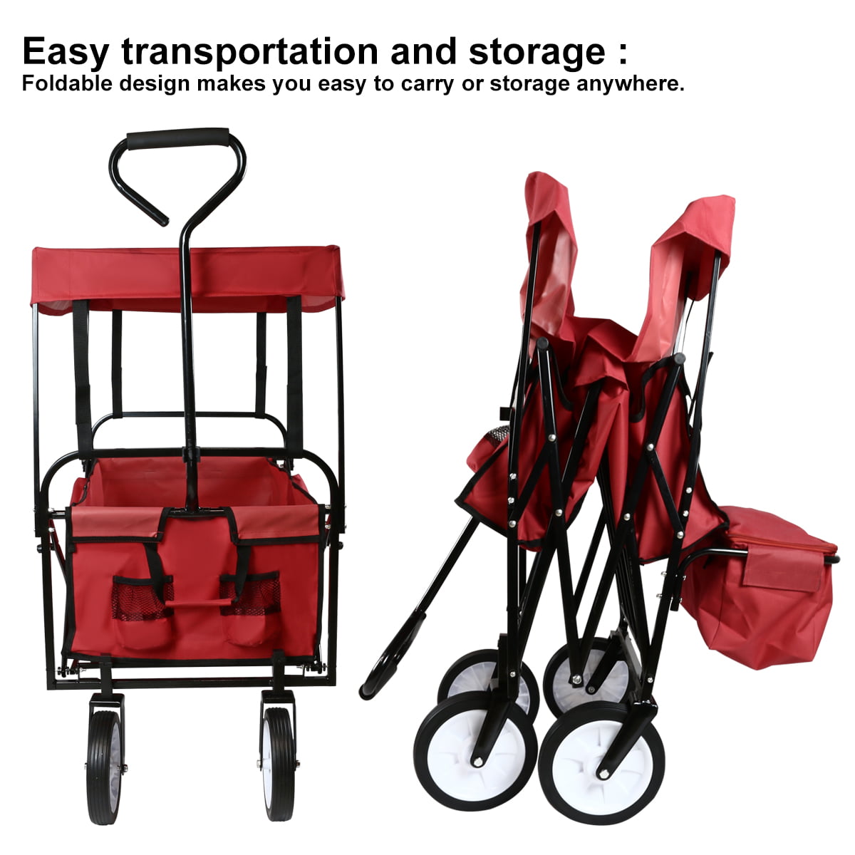 Geniqua Red Utility Collapsible Folding Wagon Cart w/Canopy Garden Beach Toy Sport Buggy