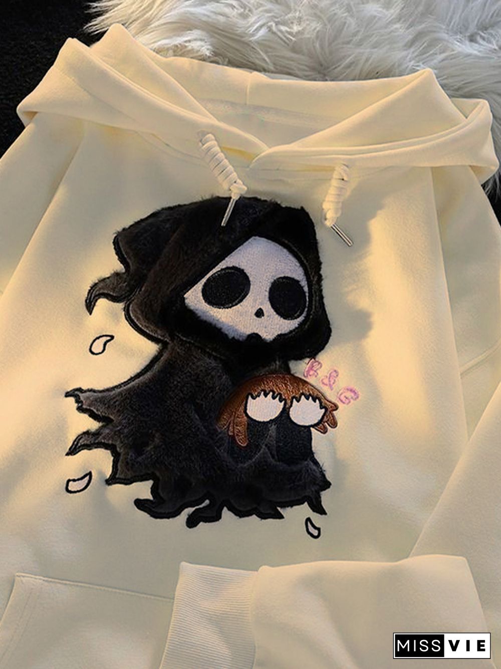 Fuzzy Cartoon Ghost Embroidered Oversized Hoodie