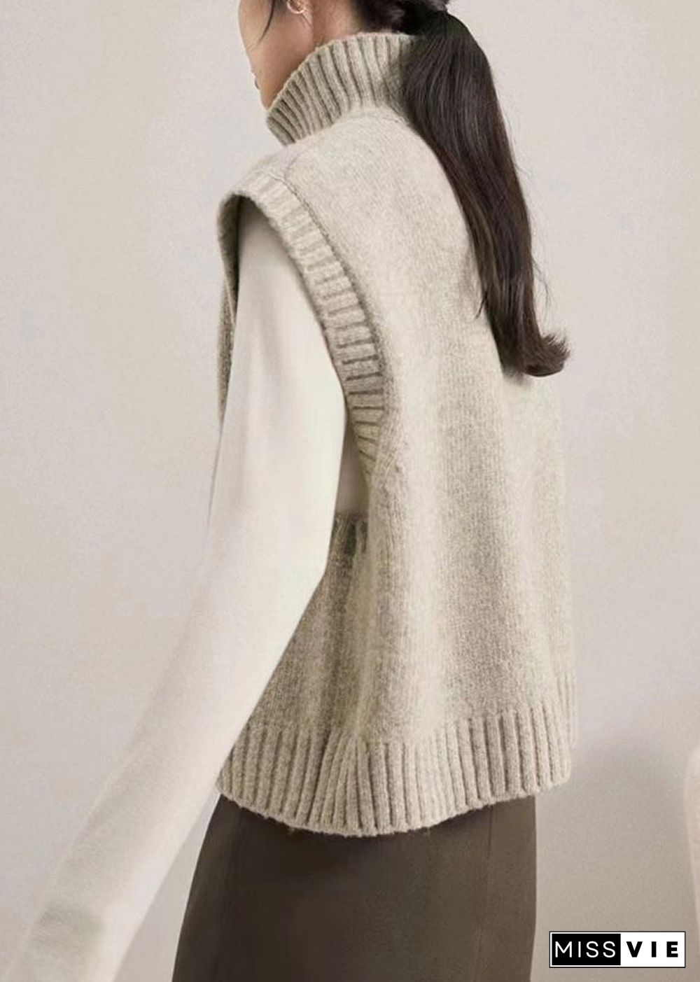 Women Camel Turtleneck Patchwork Knit Waistcoat Sleeveless