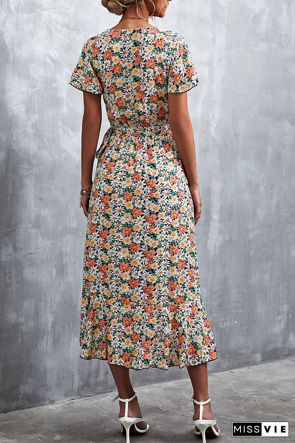 Floral Print V Neck Short Sleeve Dress Wholesale