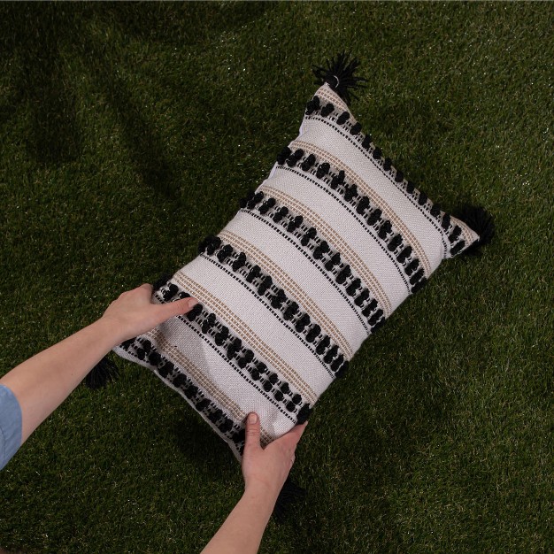 Black Tassels Tan Striped 14x22 Hand Woven Filled Outdoor Pillow Foreside Home amp Garden