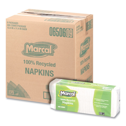 Marcal 100% Recycled Luncheon Napkins， 11.4 x 12.5， White， 400/Pack， 6PK/CT (6506)