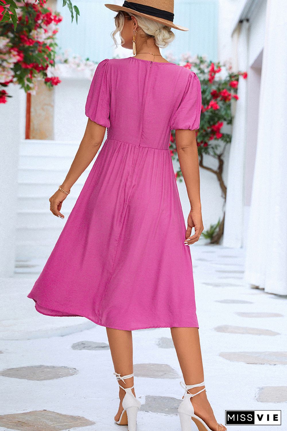 Plain V Neck Twisted Bubble Sleeves Midi Dress