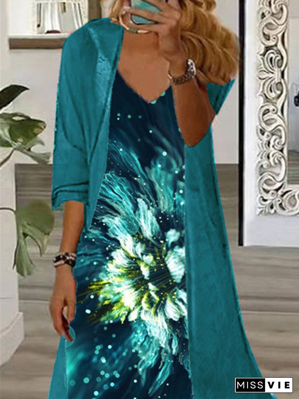 Women's Long Sleeve V-Neck Floral Sequins Printed Graphic Two Piece Suit Maxi Dress