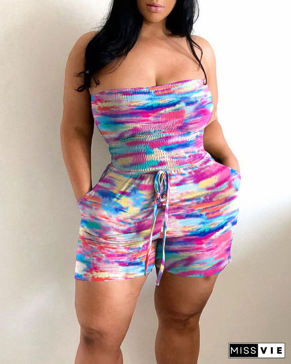 Multicolor Print Bandeau Sleeveless Pocket Slim Romper