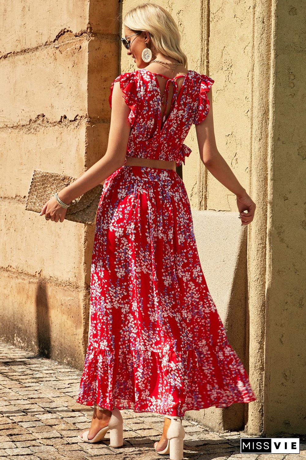 Red Multicolor Floral Ruffled Crop Top and Maxi Skirt Set