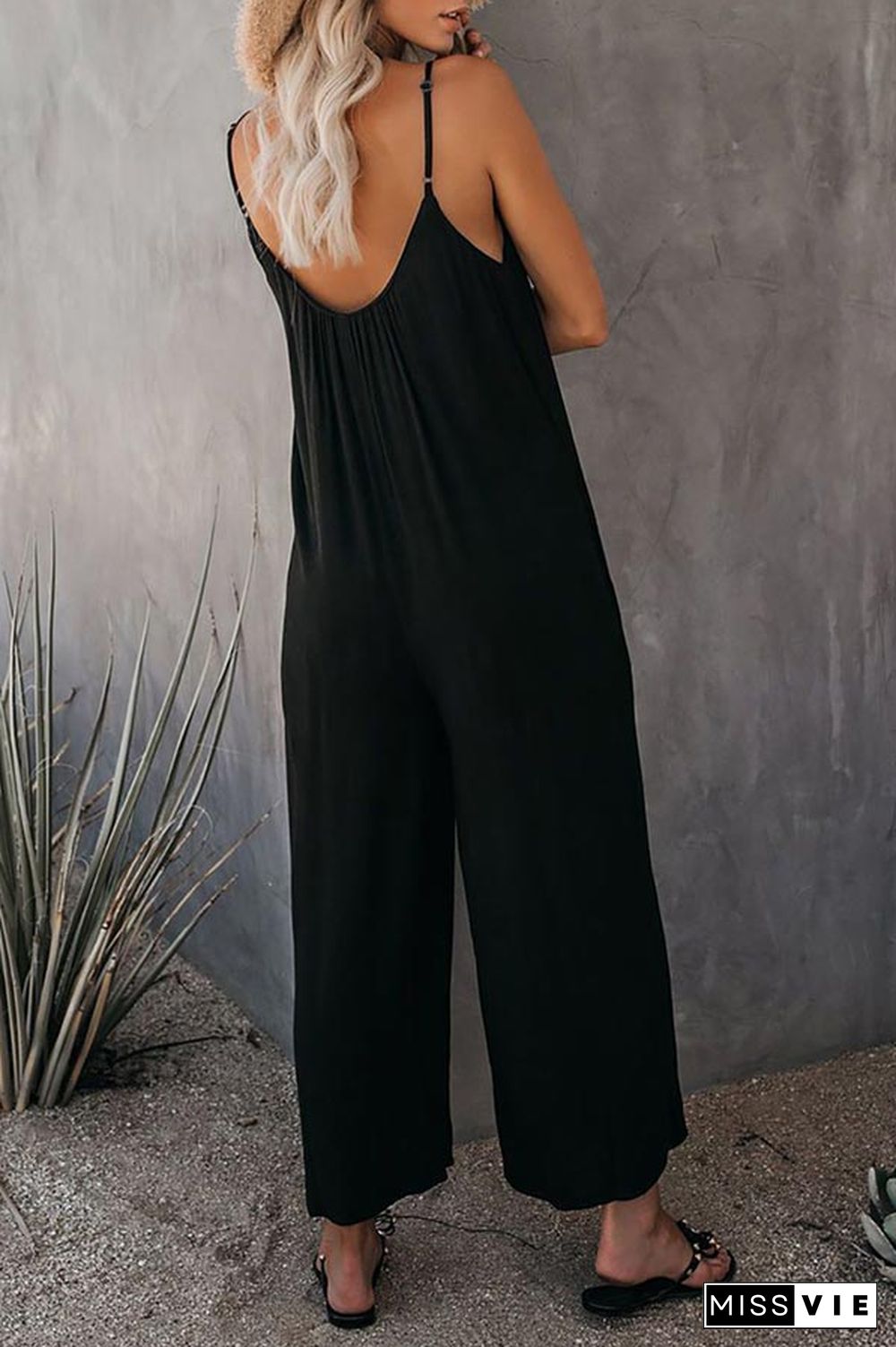 Casual Sling Solid Color Pocket Jumpsuit