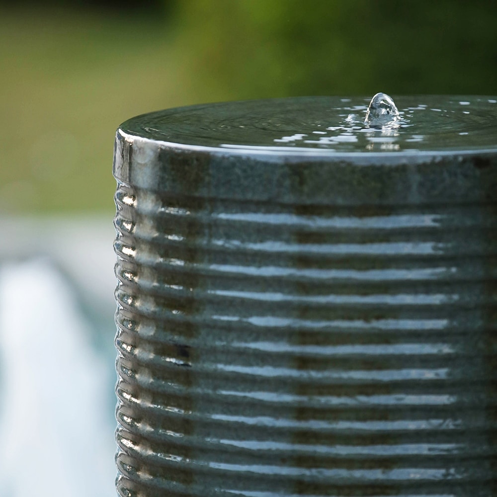 Large Concrete Cylinder Green   Brown Ribbed Water Fountain  Outdoor Bird Feeder / Bath Fountain  Modern Industrial Style