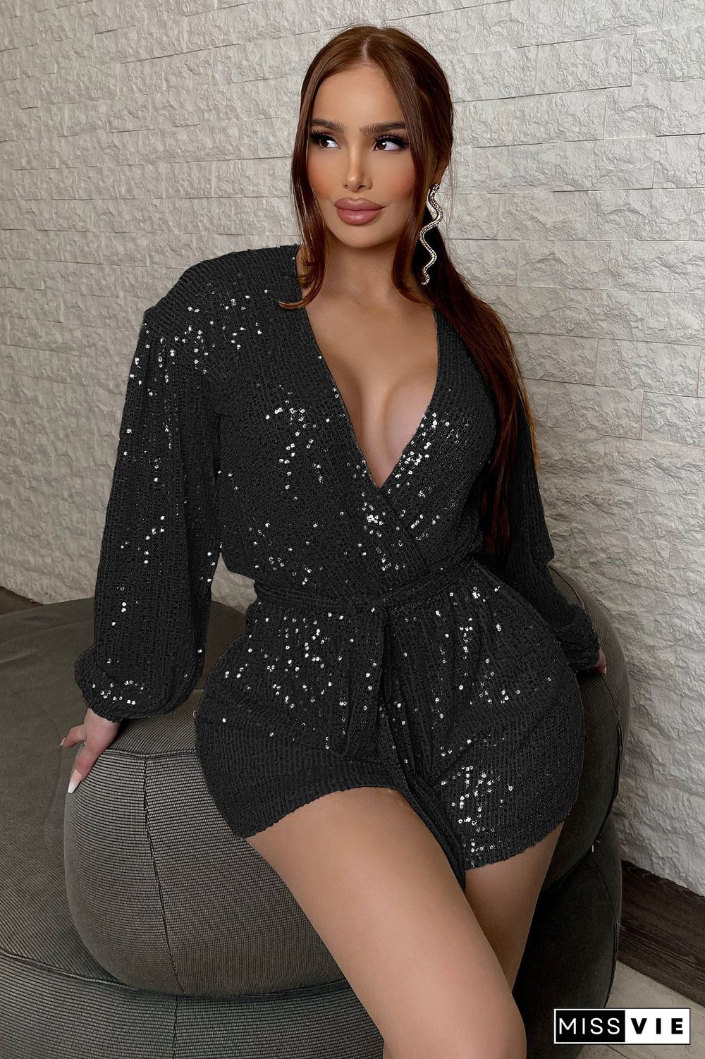 V-neck Sequined Lantern Sleeve Nightclub Romper