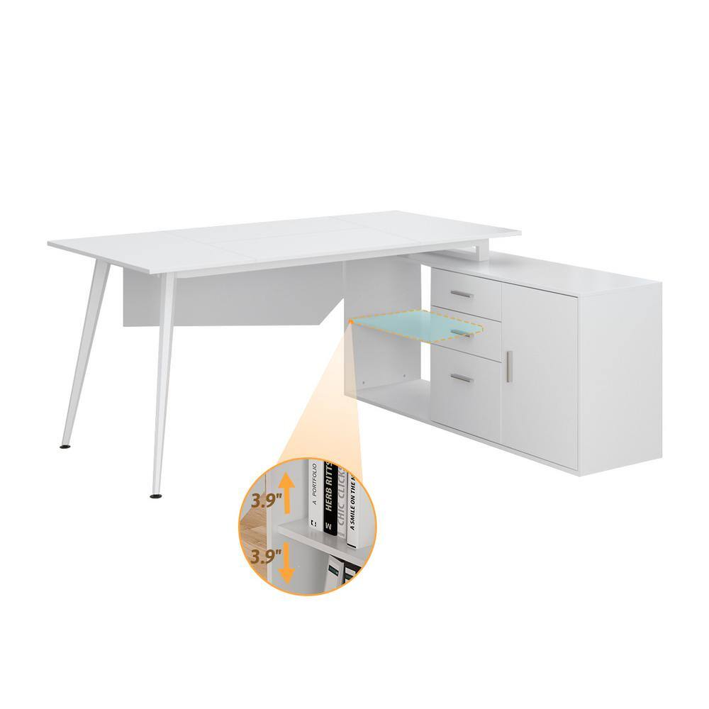 FUFUGAGA 63 in. W-28.7 in. H White Computer Desk with 3-Drawers 1-Storage Cabinet and 2-Adjustable Shelves DRF-KF210153-12