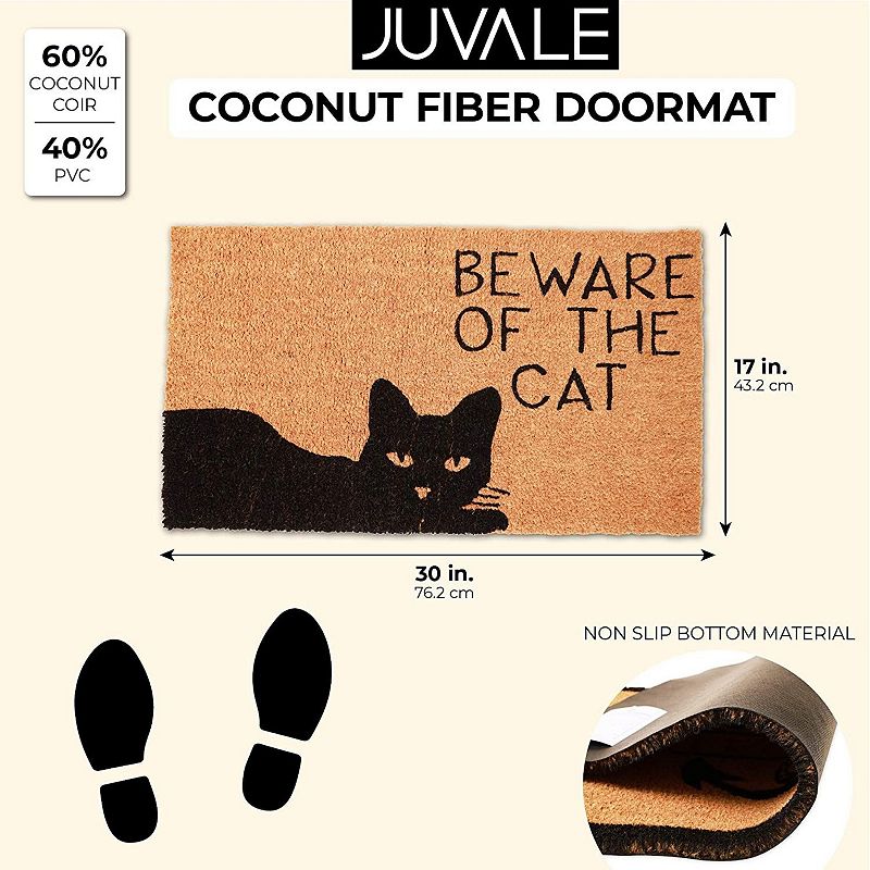 Beware of The Cat Welcome Mat for Front Door， Natural Coir Doormat (30 x 17 in)