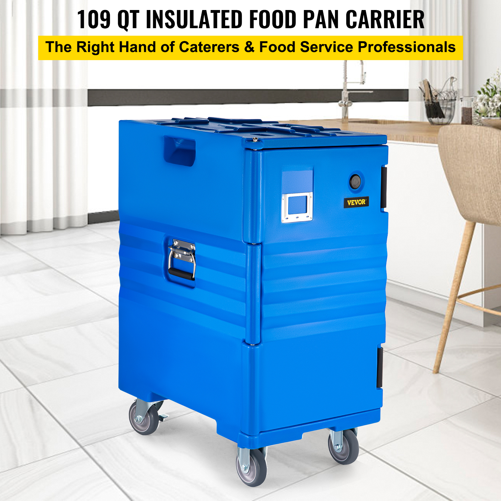 VEVOR Insulated Food Pan Carrier 109 Qt Hot Box for Catering， LLDPE Food Box Carrier with Double Buckles， Front Loading Food Warmer with Handles， End Loader with Wheels for Restaurant， Canteen， Etc.