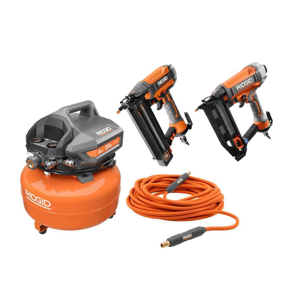 RIDGID 6 Gal. Compressor with 50 ft. Lay Flat Hose and 18-Gauge Brad Nailer with 16-Gauge Straight Finish Nailer OF60150HB-R5025LF-R692BFFN