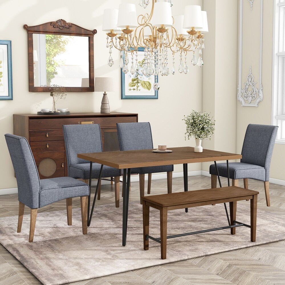 6 Piece Rectangular Dining Table Set w/Upholstered Chairs   Bench