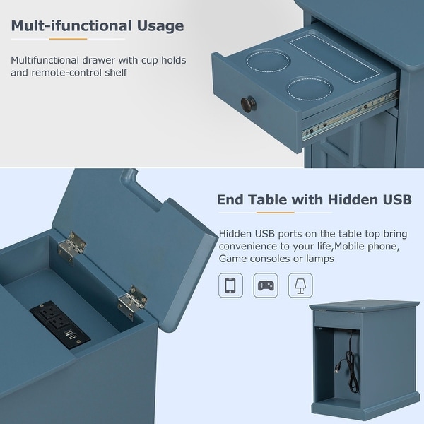 End Table with USB Ports and Multifunctional Drawer with Cup Holders