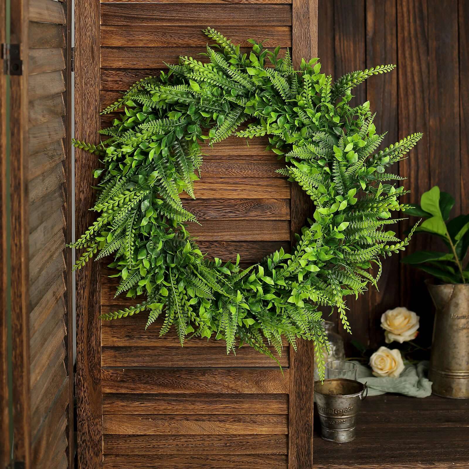 2 Pack Green Artificial Lifelike Boxwood Fern Mix Spring Wreaths 22