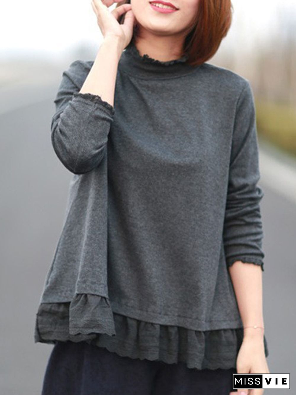 Original Creation Long Sleeves Loose Ruffled Solid Color Stand Collar T-Shirts Tops