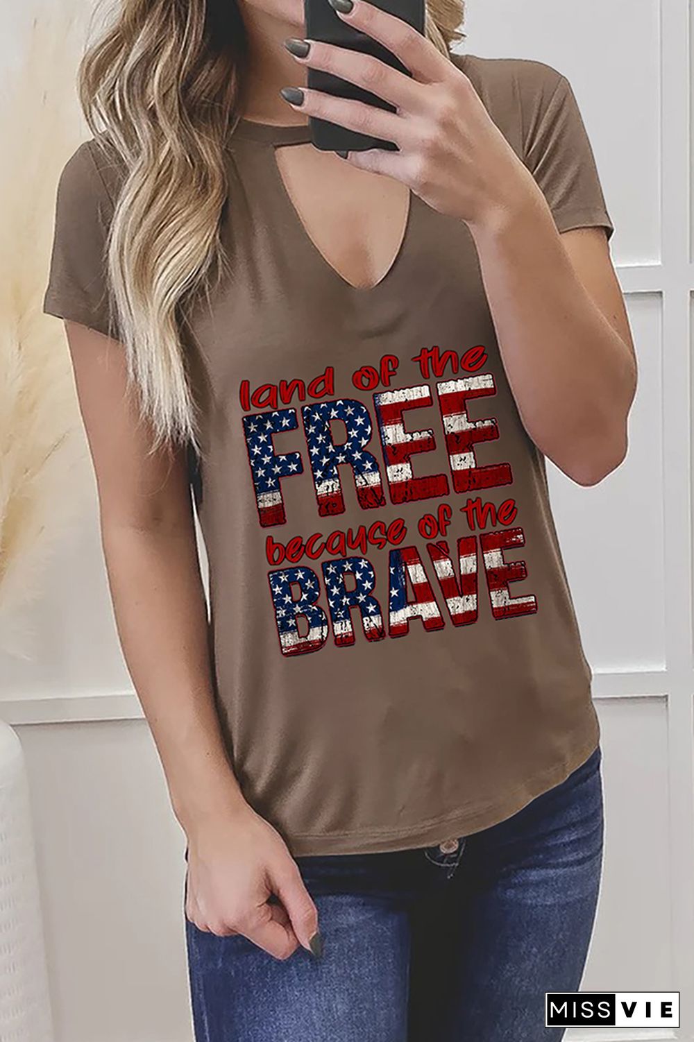 Land of the free because of the brave Graphic Tees for Women Wholesale Short Sleeve T shirts Top