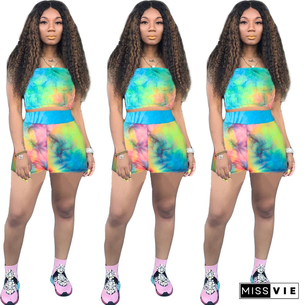 Tie Dye Strapless Tube Crop Top Biker Shorts Suit