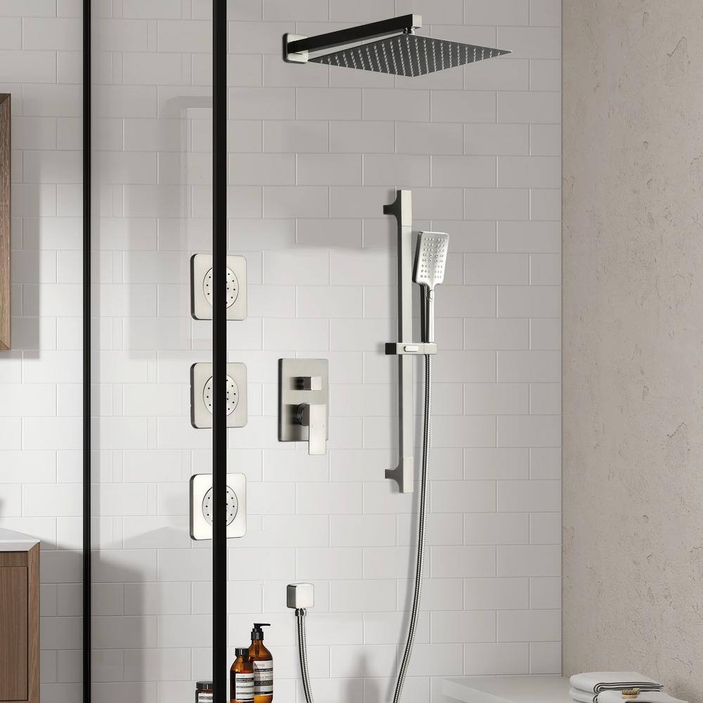 Satico 12 in. 2-Handle 3-Spray Wall Mount Pressure Balance Square Rainfall Shower System with Rough-In Valve in Brushed Nickel WDGSS011