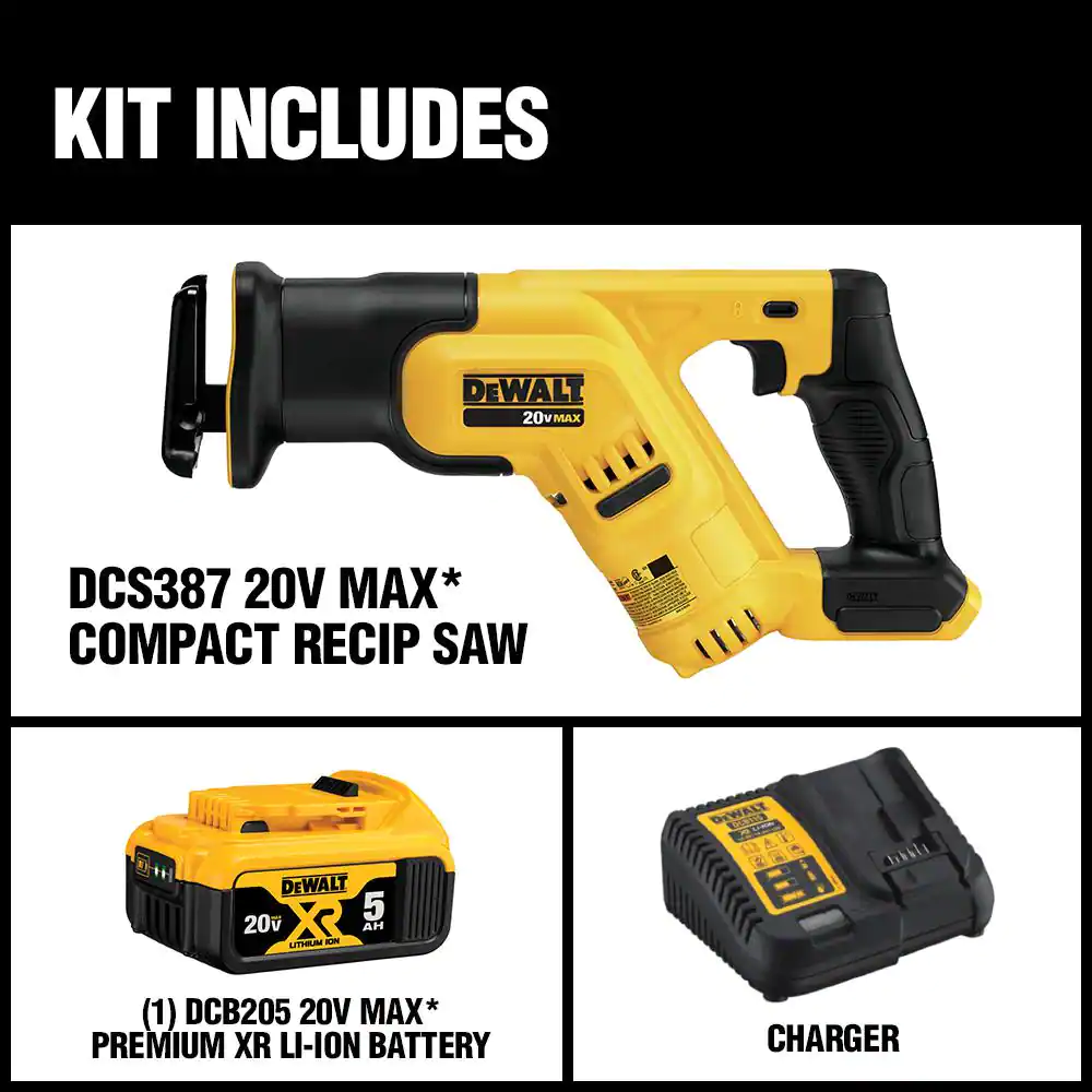 DEWALT DCS387P1 20-Volt MAX Lithium-Ion Cordless Compact Reciprocating Saw Kit with Battery 5Ah， Charger and Contractor Bag