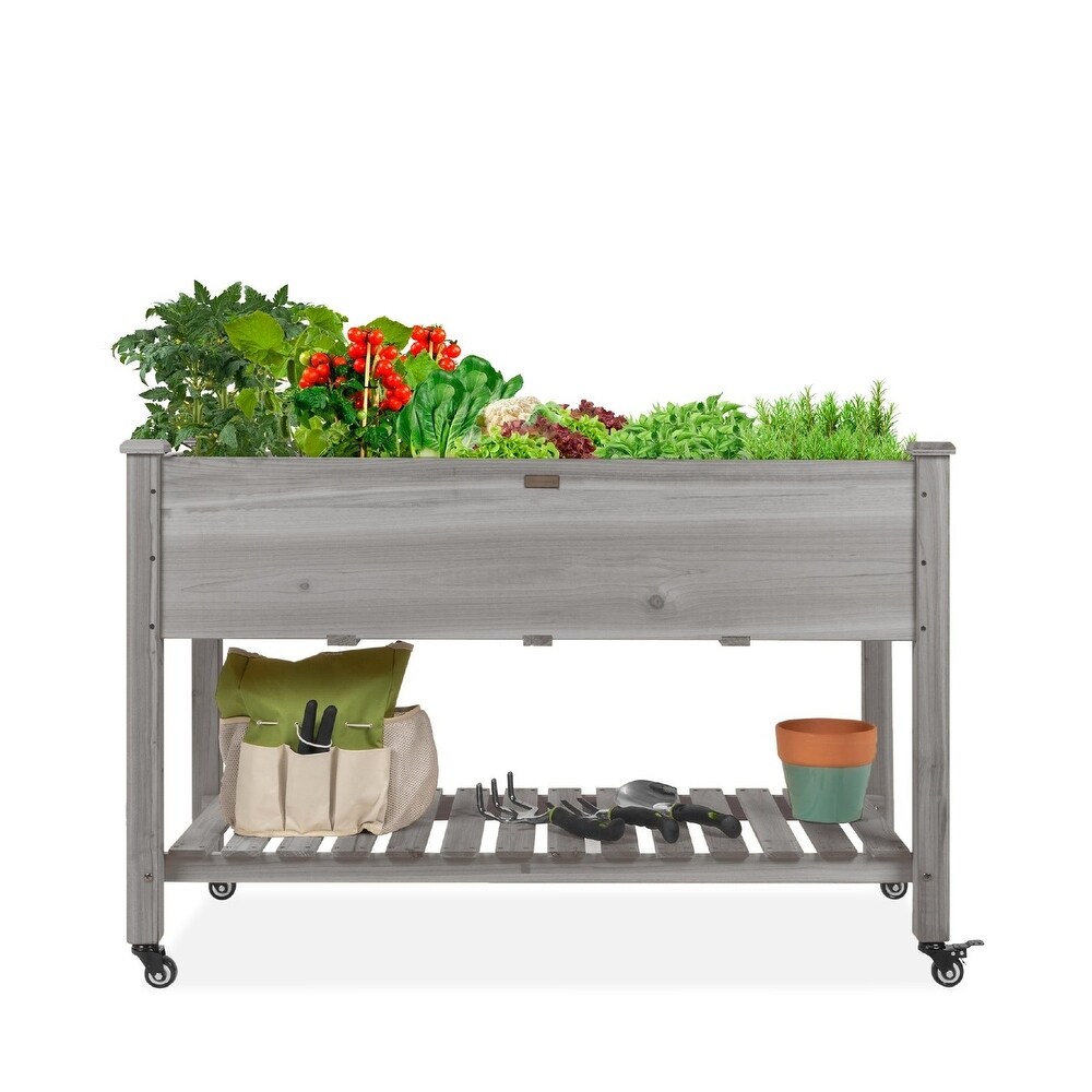 Outdoor Wood Raised Garden Bed Planter Box with Shelf and Locking Wheels   48\