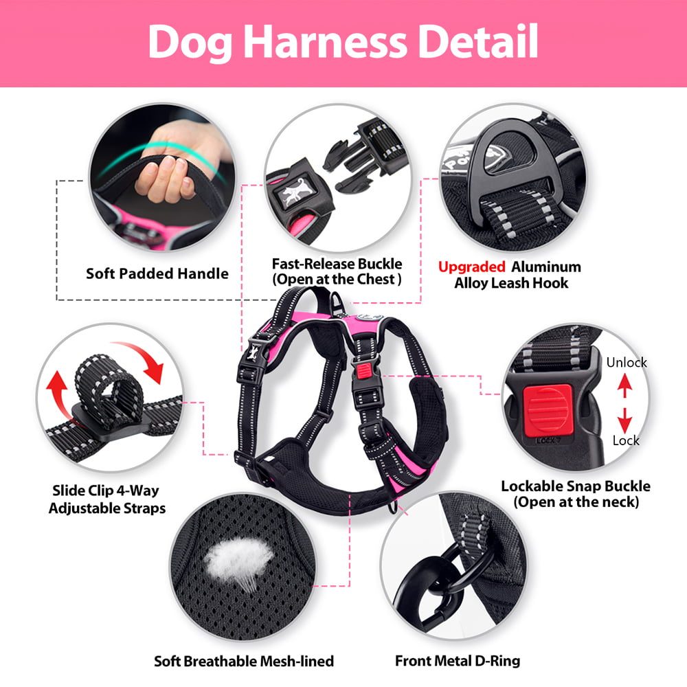 PoyPet No Pull Dog Harness，No Choke Reflective Dog Vest，Adjustable Soft Padded Pet Harness with Easy Control Handle for Small Medium Large Dogs，Pink M