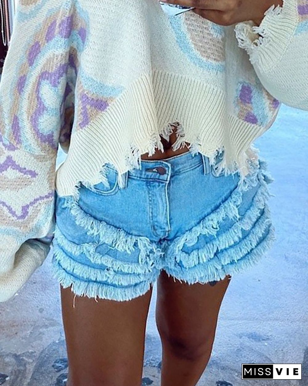 Fringe Hem Button Design High Waisted Denim Shorts