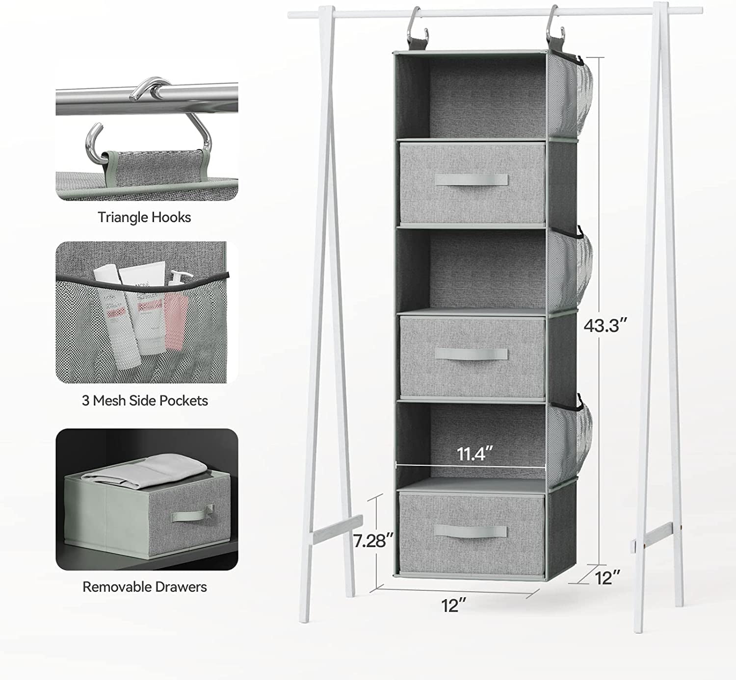 6-Shelf Hanging Closet Organizer Hanging Shelves for Closet with 3 Removable Drawers & Side Pockets, 12'' x 12'' x 43.3''