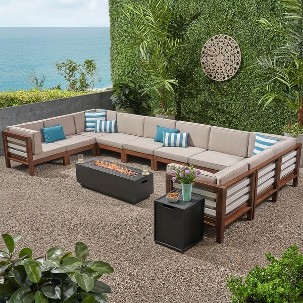 Malawi Outdoor 12 Piece UShaped Acacia Wood Sectional Sofa Set and Cushions with Fire Pit by Christopher Knight Home