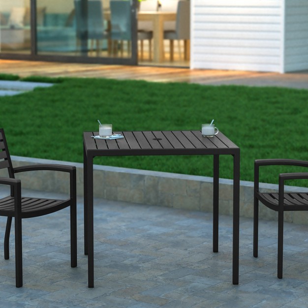 Emma And Oliver Square All weather Faux Teak Patio Dining Table With Steel Frame Seats 4