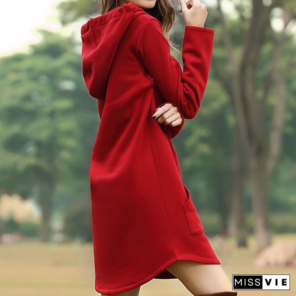 6 Colors S-3Xl Women Plus Size Solid Color Long Sleeve Loose Pocket Drawstring Hoodies Dress