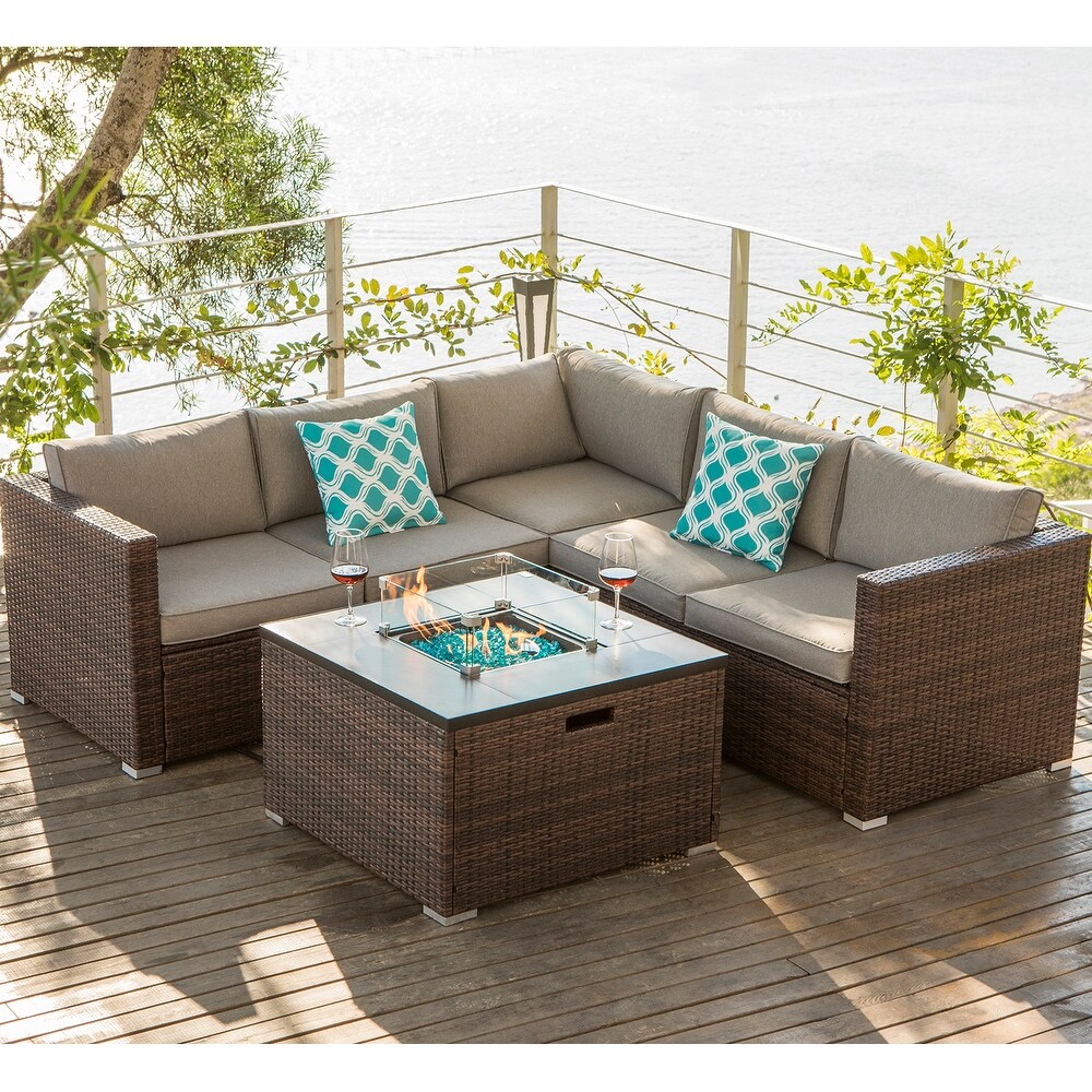 COSIEST 4 piece Outdoor Patio Wicker Sectional Sofa Set with Fire Pit Table