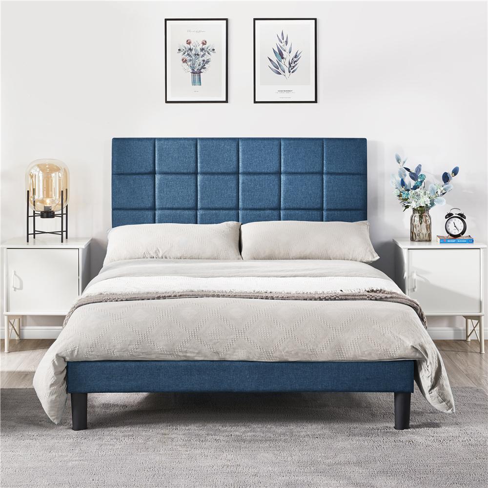 Easyfashion Modern Platform Bed with Wooden Support Slats and Tufted Headboard Navy Blue Full  Crowdfused