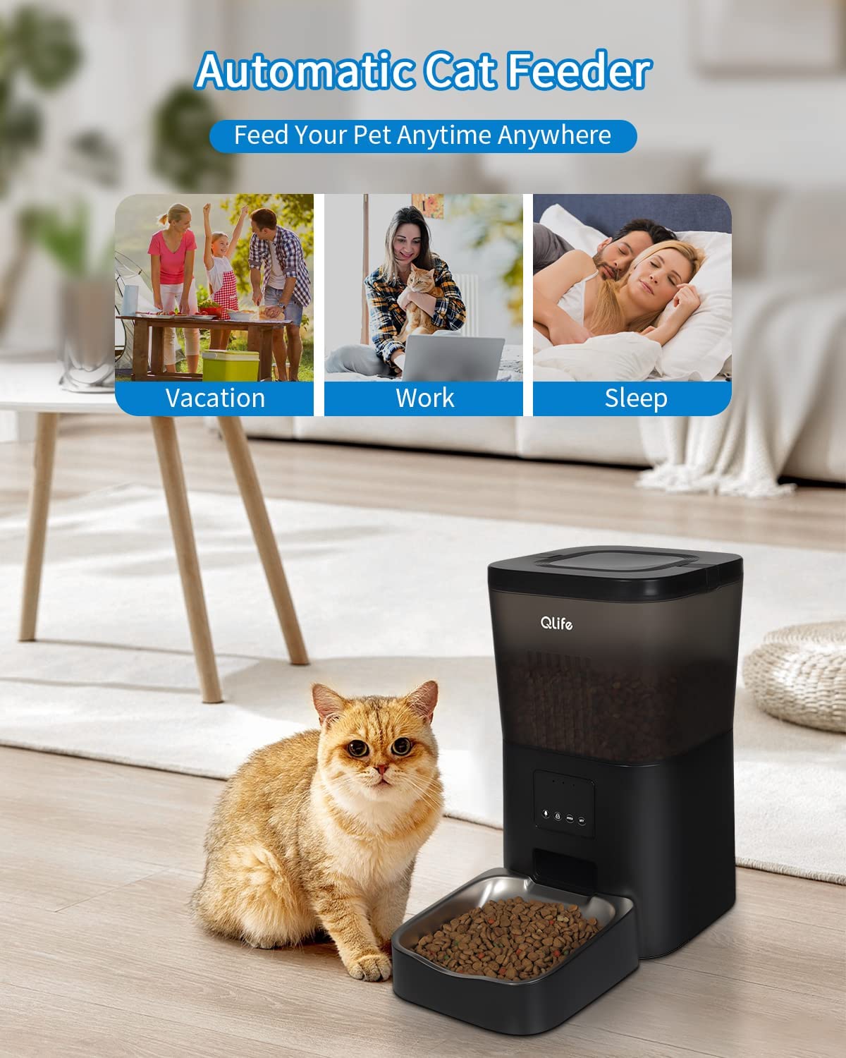 Automatic Cat Feeder WiFi App Control:  4L Timed Dry Food Dispenser for Small Medium Dog Smart Auto Pet Feeder Remote Control Portion Control Dual Power 10s Voice Recorder - Stainless Steel Bowl