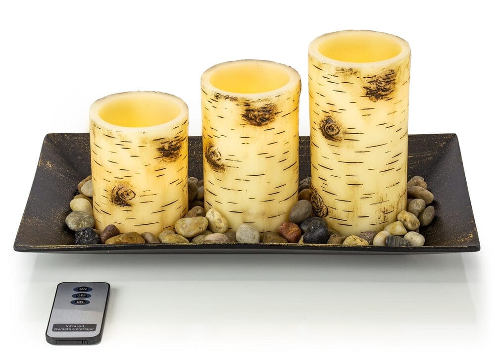 Birch Bark Candlescape Set, 3 LED Flickering Flameless Wax Candles, Decorative Tray, Rocks & Remote Control