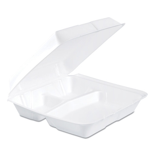 Dart Foam Hinged Lid Containers， 3-Compartment， 9.25 x 9.5 x 3， White， 200/Carton (95HT3R)