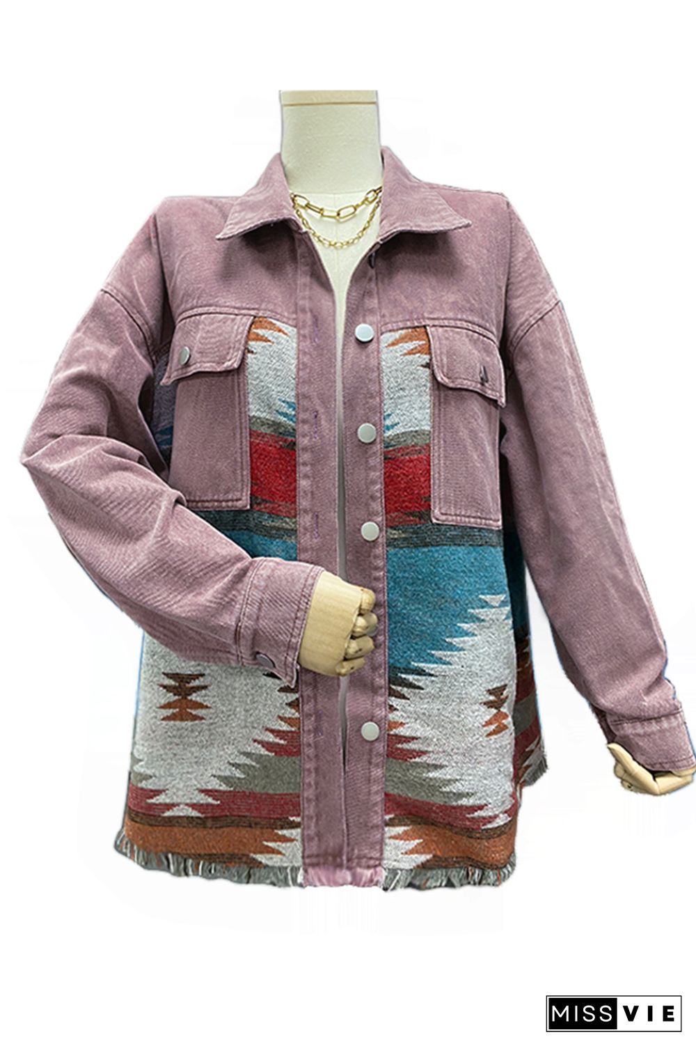 Distressed Aztec Denim Jacket Coat