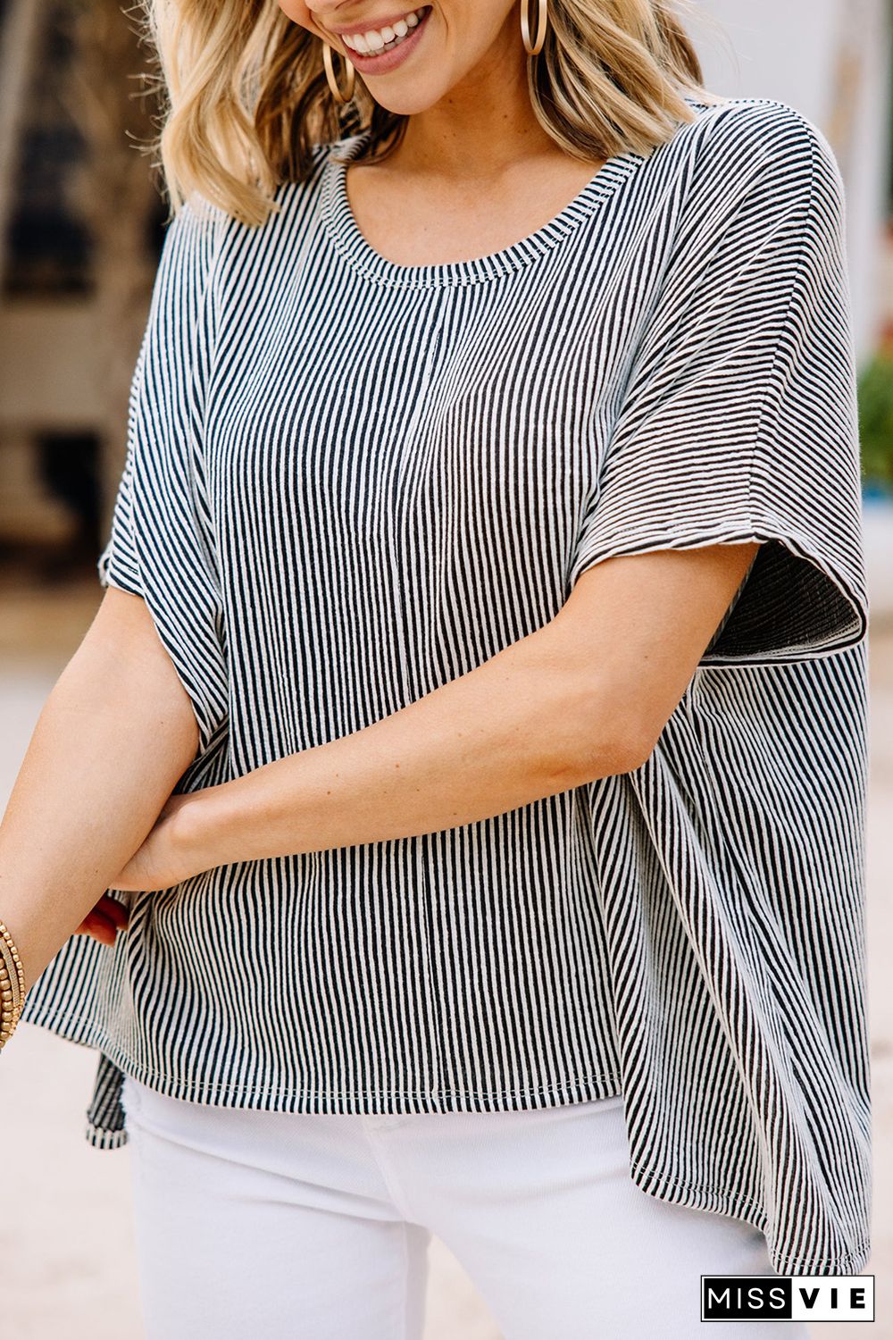 Gray Ribbed Knit Round Neck Relaxed Tee