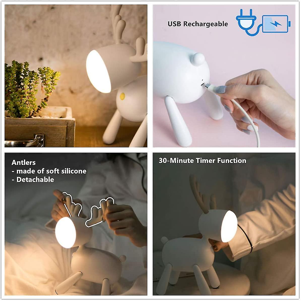 Usb Rechargeable Reindeer Desk Lamp， 2 Light Modes， 30 Minute Timer (white)