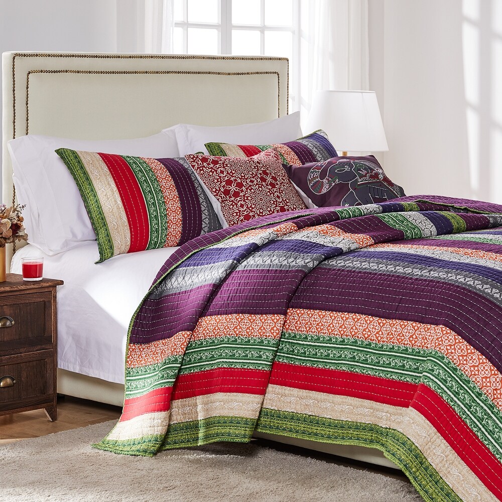 Greenland Home Fashions Marley 100% Cotton Mult Fabric Stripe Bohemian Quilt Set