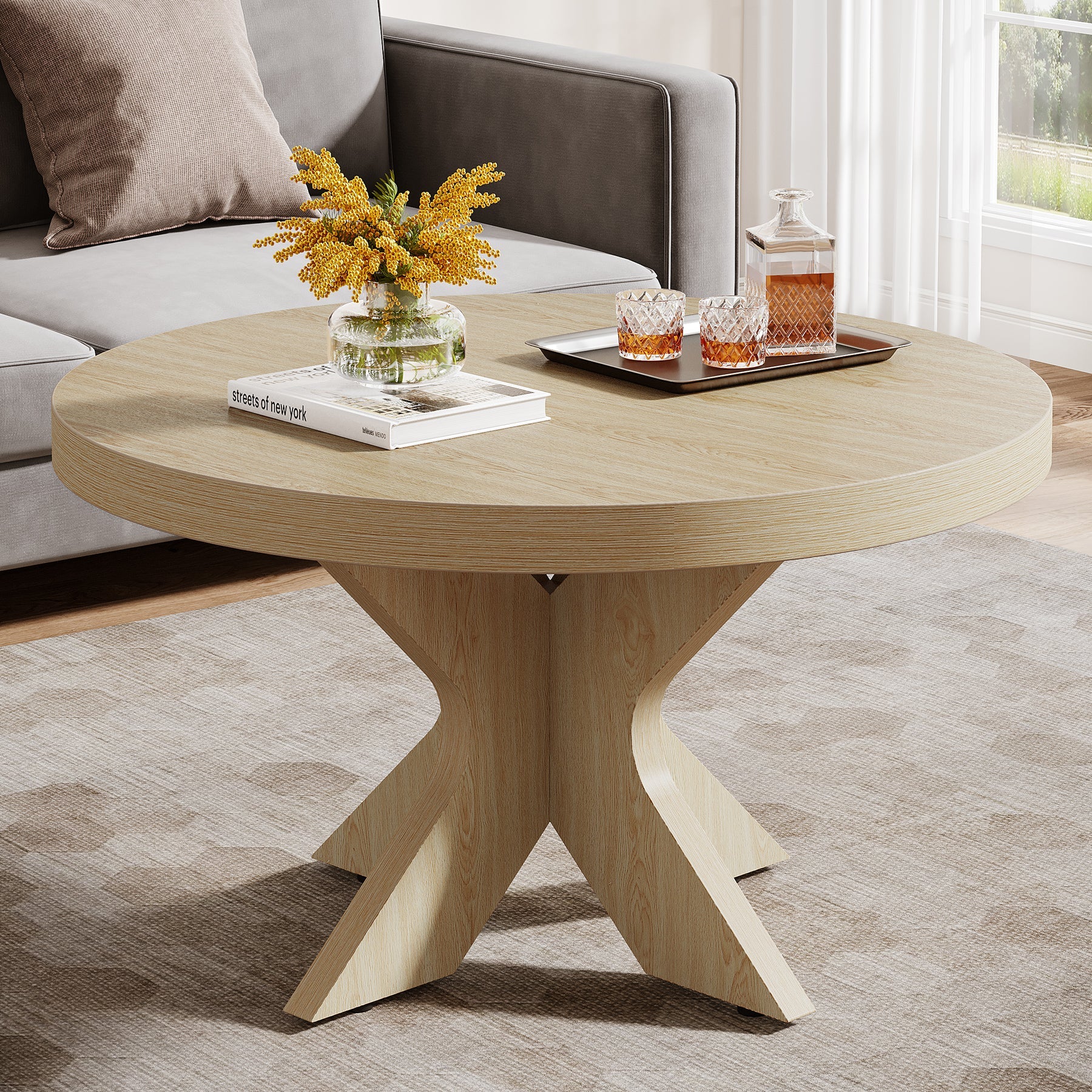 31.5 Wood Coffee Table, Round Center Table With Double X-Shaped Base