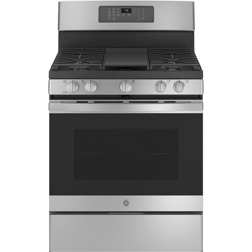 GE 30 in. 5.0 cu. ft. Gas Range with Self-Cleaning Convection Oven and Air Fry in Stainless Steel JGB735SPSS