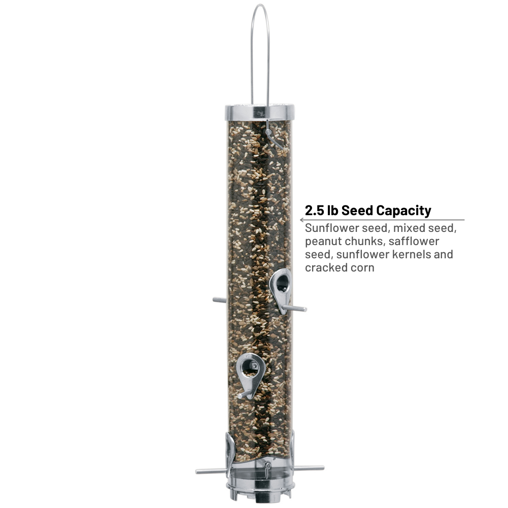 Droll Yankees 22.5-inch Tube Bird Feeder， 2.5 lb Capacity， Silver